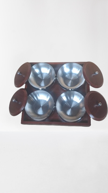 Premium 4-Piece Double Layered Stainless Steel Dry Fruit Bowl Set with Wooden Tray & Lids – Elegant Serving Set for Snacks & Dry Fruits