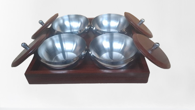 Premium 4-Piece Double Layered Stainless Steel Dry Fruit Bowl Set with Wooden Tray & Lids – Elegant Serving Set for Snacks & Dry Fruits