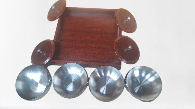 Premium 4-Piece Double Layered Stainless Steel Dry Fruit Bowl Set with Wooden Tray & Lids – Elegant Serving Set for Snacks & Dry Fruits