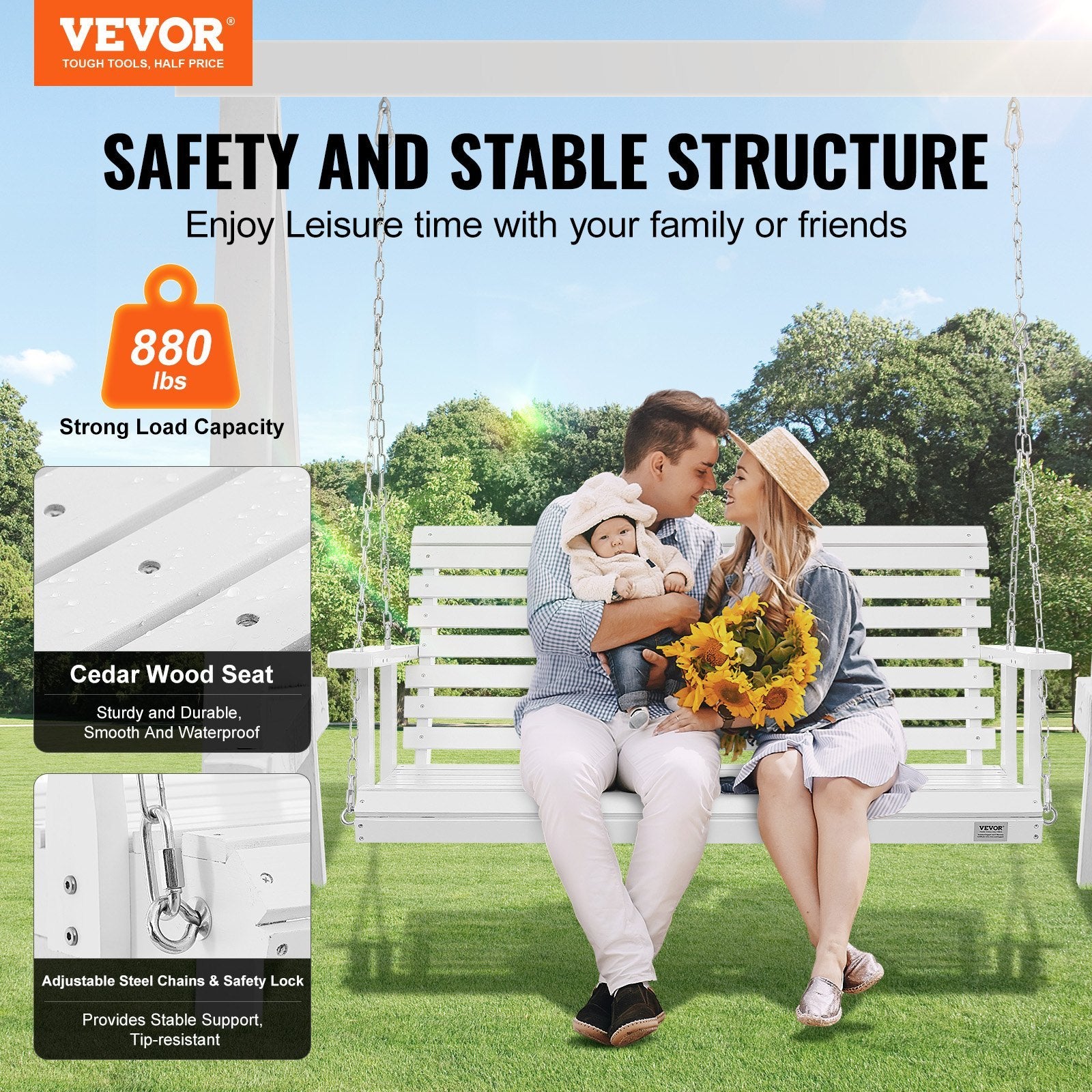 VEVOR Wooden Porch Swing 4.5 Ft, Patio Bench Swing For Courtyard & Garden, Upgraded 880 Lbs Strong Load Capacity, Heavy Duty Swing Chair Bench With Hanging  For Outdoors, White