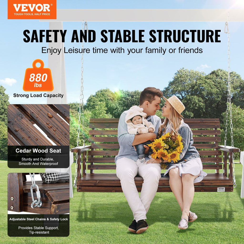 VEVOR Wooden Porch Swing 4.5 Ft, Patio Bench Swing For Courtyard & Garden, Upgraded 880 Lbs Strong Load Capacity, Heavy Duty Swing Chair Bench With Hanging Chains For Outdoors, Carbonized Brown