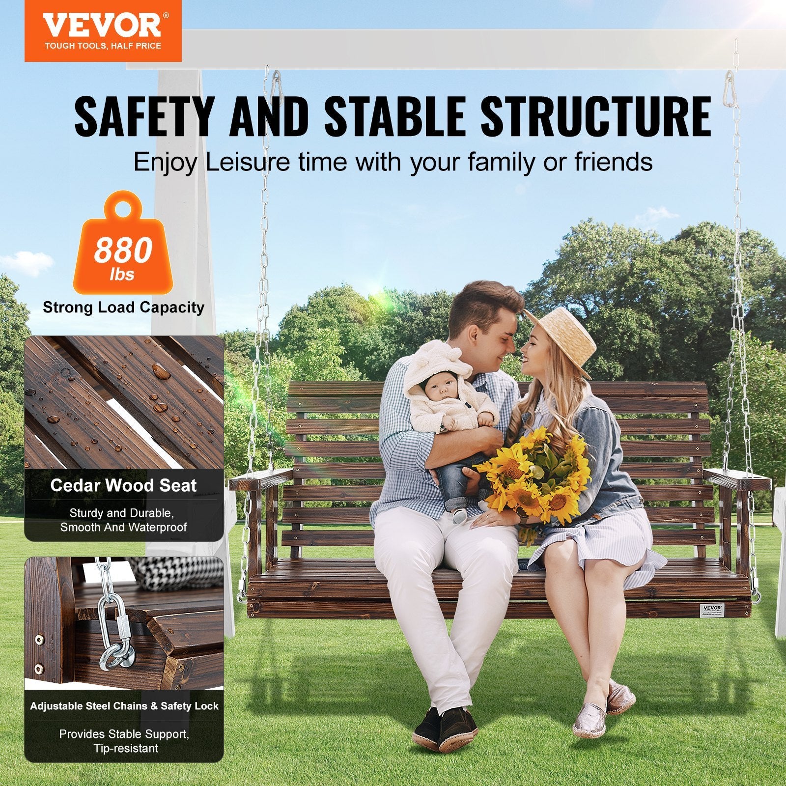 VEVOR Wooden Porch Swing 4.5 Ft, Patio Bench Swing For Courtyard & Garden, Upgraded 880 Lbs Strong Load Capacity, Heavy Duty Swing Chair Bench With Hanging Chains For Outdoors, Carbonized Brown