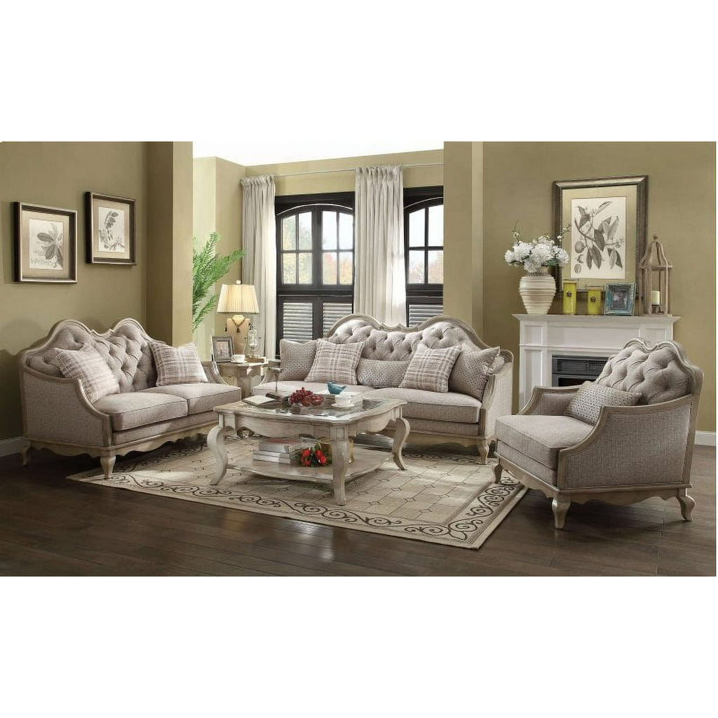Antique Taupe Finish Tufted Seat Back 3pc Sofa Set Formal Traditional Sofa Loveseat Chair Living Room Furniture Luxury Style