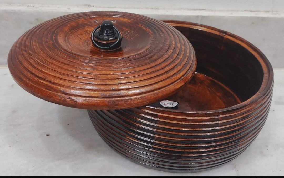 Handcrafted Sheesham Wood Chapati Roti Hot Box – Traditional Kitchen Casserole & Tableware Server (Brown)
10inch Dia
