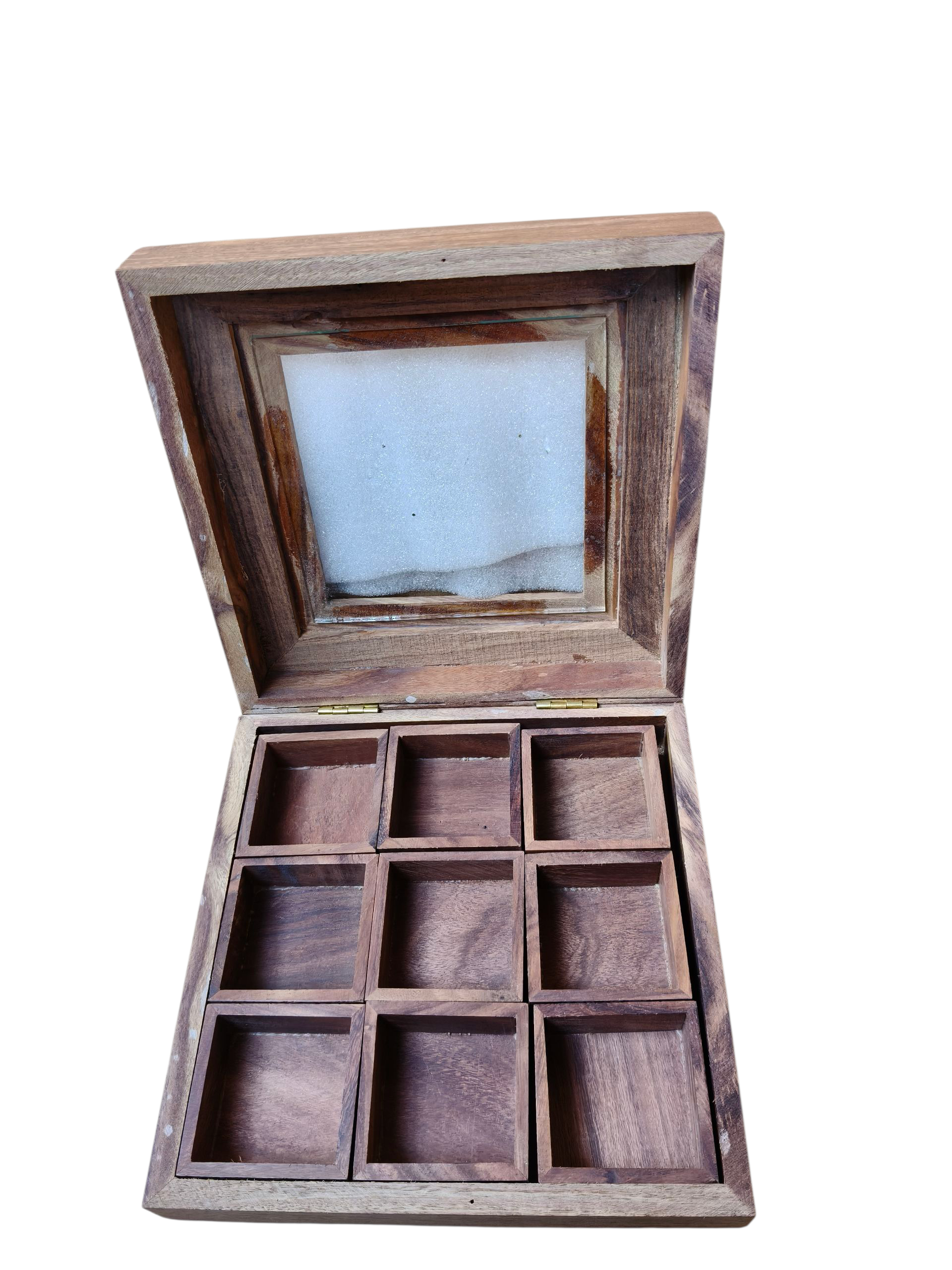 Dual Border Engraved Wooden Spice Storage Box – 9 Compartment Premium Kitchen & Dining Organizer (8x8 Inches)