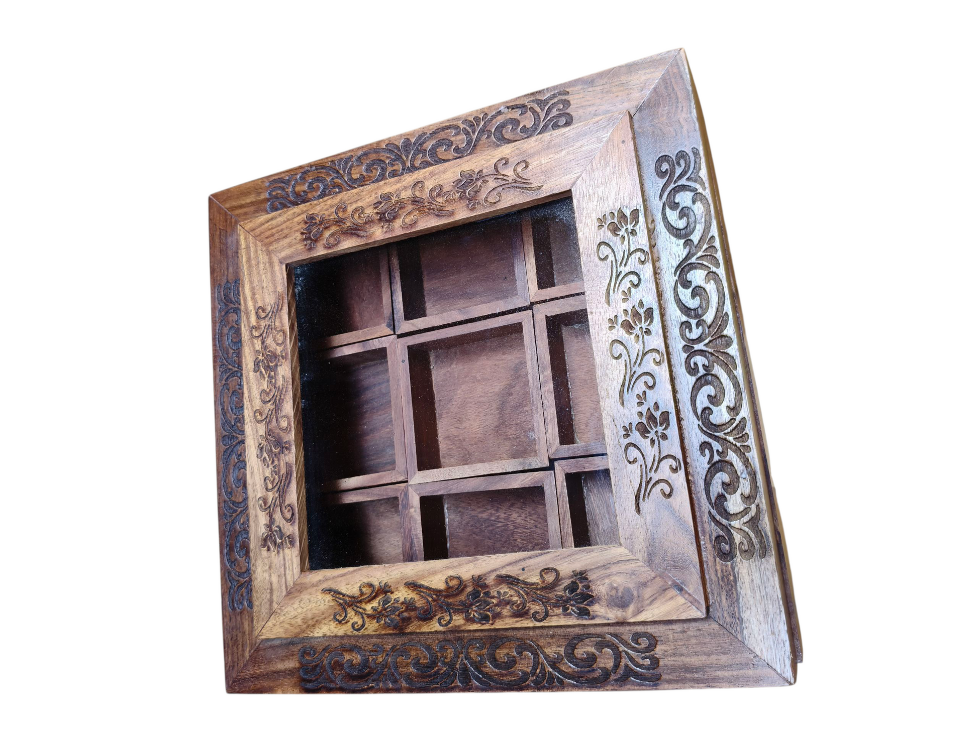 Dual Border Engraved Wooden Spice Storage Box – 9 Compartment Premium Kitchen & Dining Organizer (8x8 Inches)