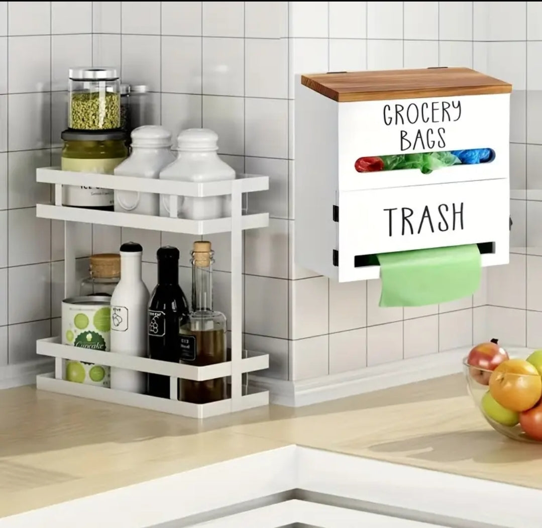 2-In-1 Wooden Garbage Bag Dispenser & Organizer - Large Capacity, Wall-Mount Or Cabinet Hanging Storage For Kitchen And Bathroom Essentials, White/ Black