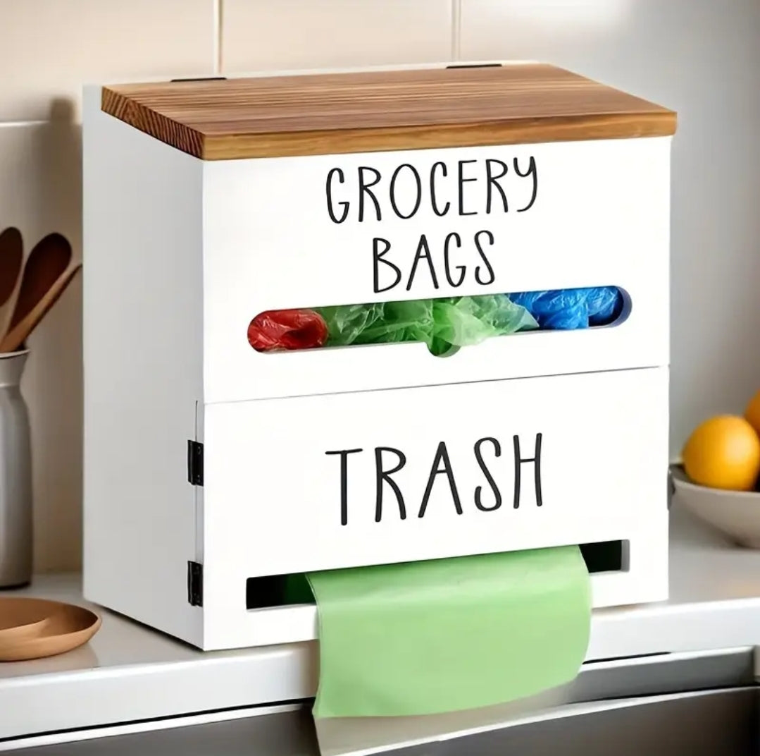 2-In-1 Wooden Garbage Bag Dispenser & Organizer - Large Capacity, Wall-Mount Or Cabinet Hanging Storage For Kitchen And Bathroom Essentials, White/ Black