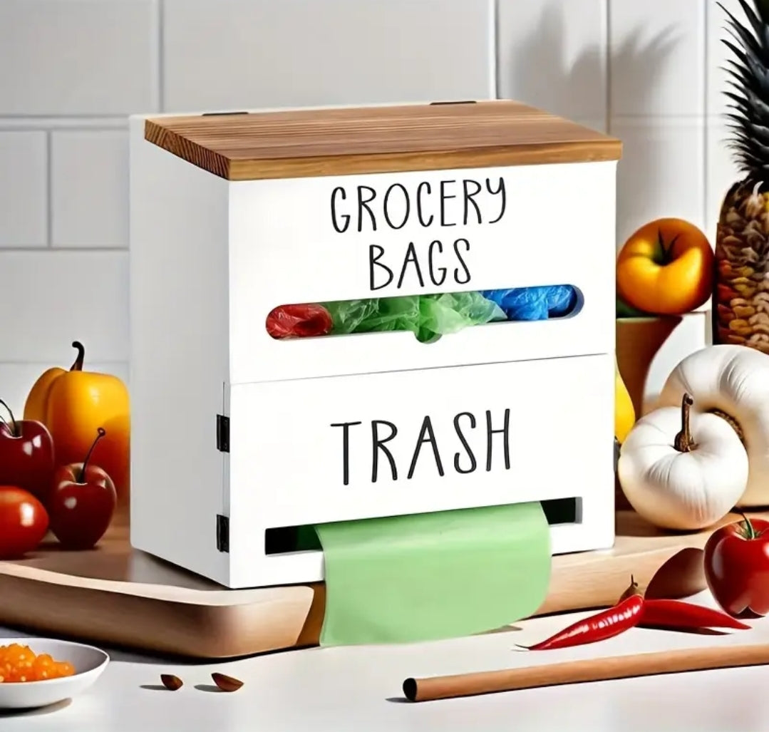 2-In-1 Wooden Garbage Bag Dispenser & Organizer - Large Capacity, Wall-Mount Or Cabinet Hanging Storage For Kitchen And Bathroom Essentials, White/ Black