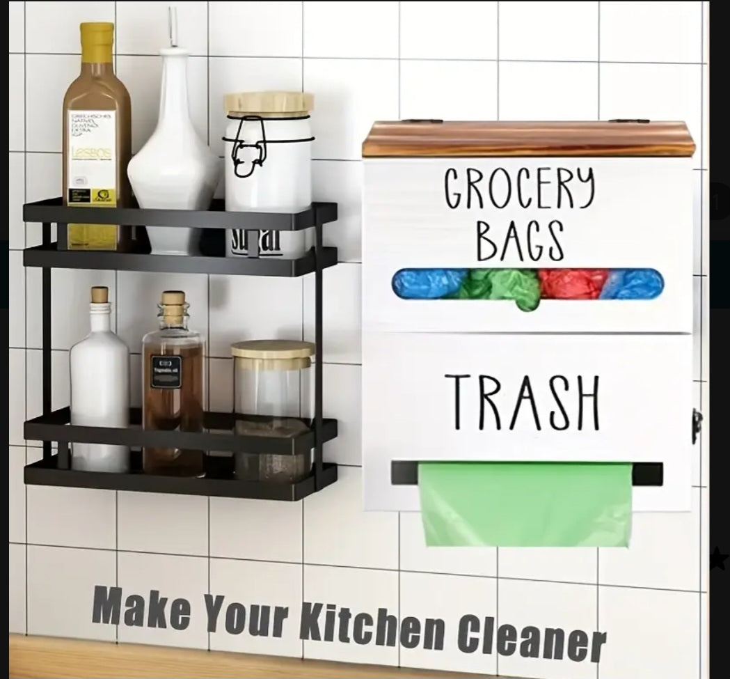 2-In-1 Wooden Garbage Bag Dispenser & Organizer - Large Capacity, Wall-Mount Or Cabinet Hanging Storage For Kitchen And Bathroom Essentials, White/ Black
