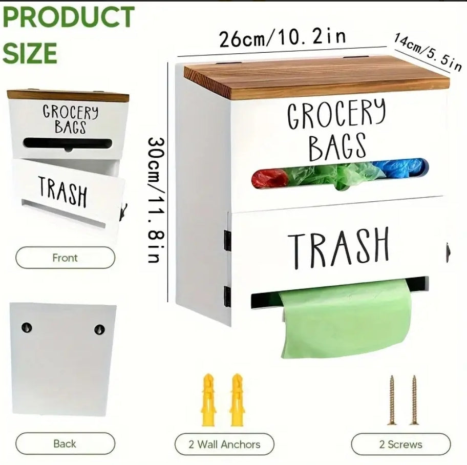 2-In-1 Wooden Garbage Bag Dispenser & Organizer - Large Capacity, Wall-Mount Or Cabinet Hanging Storage For Kitchen And Bathroom Essentials, White/ Black
