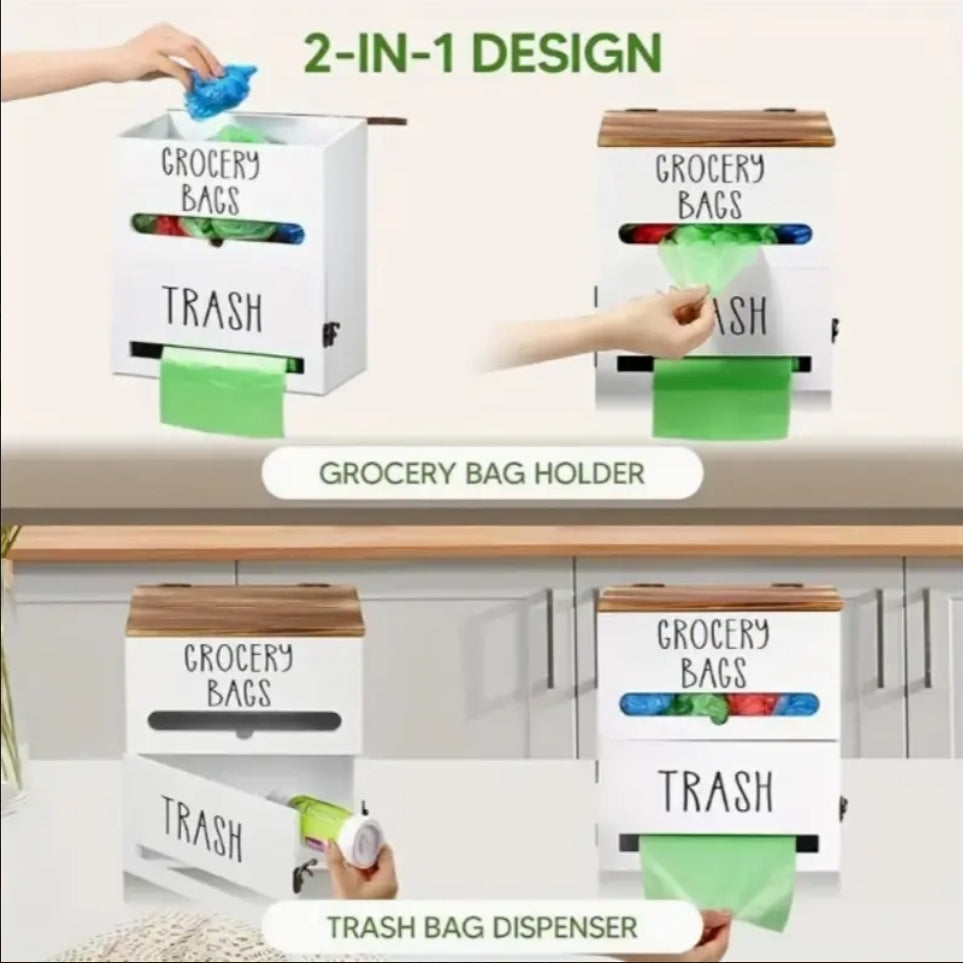 2-In-1 Wooden Garbage Bag Dispenser & Organizer - Large Capacity, Wall-Mount Or Cabinet Hanging Storage For Kitchen And Bathroom Essentials, White/ Black