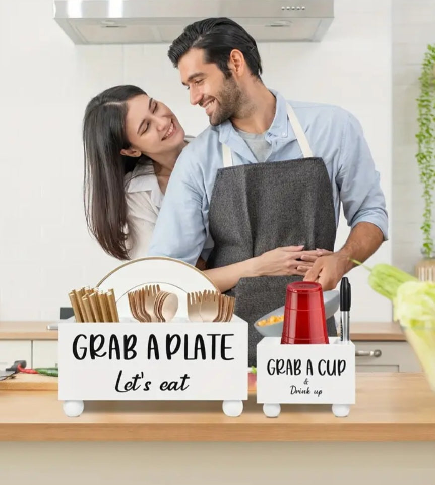 Local Warehouse Set Of 2 Kitchen Utensil Holder, Kitchen Countertop Plate Organizer, Paper Plate Holder, Kitchen Accessories Disposable Dish Cup Holder Utensil Caddy for Kitchen, Party, BBQ, Christmas, Halloween Party, Kitchen Organizers And Storage