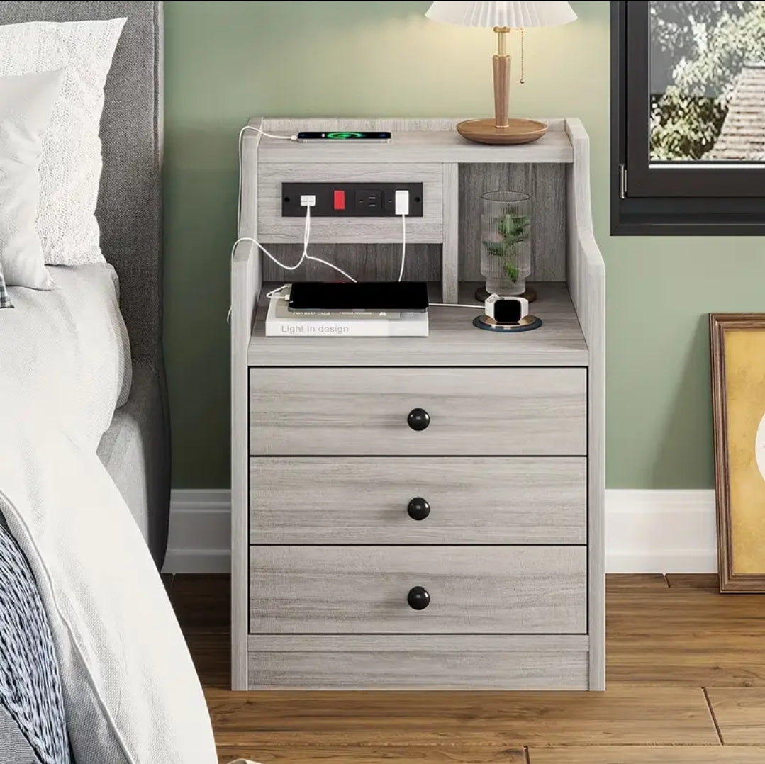 Modern Nightstand with Charging Station - 2 USB Ports & 2 Outlets, 3-Drawer Hutch Design, Wireless Compatible, Gray Wood Finish - Multi-Functional End Table for Bedroom, Living Room, Home Office