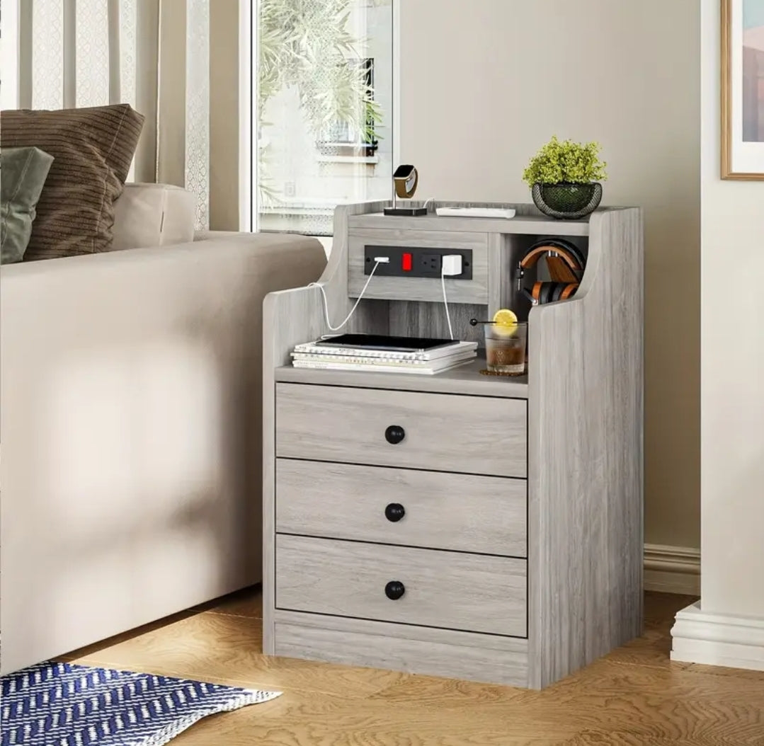 Modern Nightstand with Charging Station - 2 USB Ports & 2 Outlets, 3-Drawer Hutch Design, Wireless Compatible, Gray Wood Finish - Multi-Functional End Table for Bedroom, Living Room, Home Office