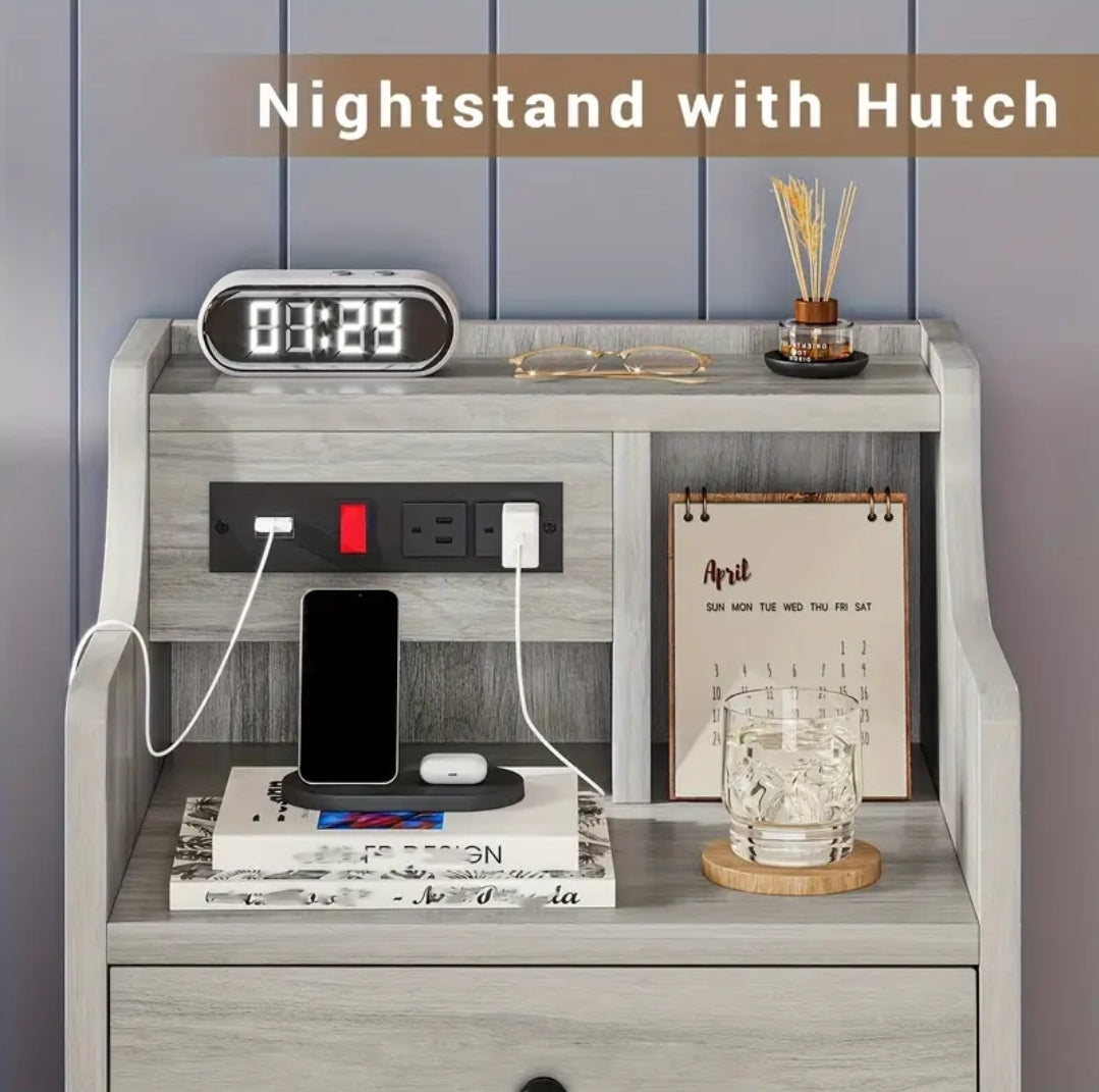 Modern Nightstand with Charging Station - 2 USB Ports & 2 Outlets, 3-Drawer Hutch Design, Wireless Compatible, Gray Wood Finish - Multi-Functional End Table for Bedroom, Living Room, Home Office