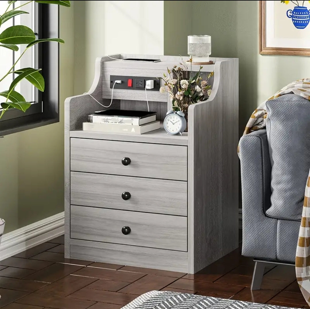 Modern Nightstand with Charging Station - 2 USB Ports & 2 Outlets, 3-Drawer Hutch Design, Wireless Compatible, Gray Wood Finish - Multi-Functional End Table for Bedroom, Living Room, Home Office
