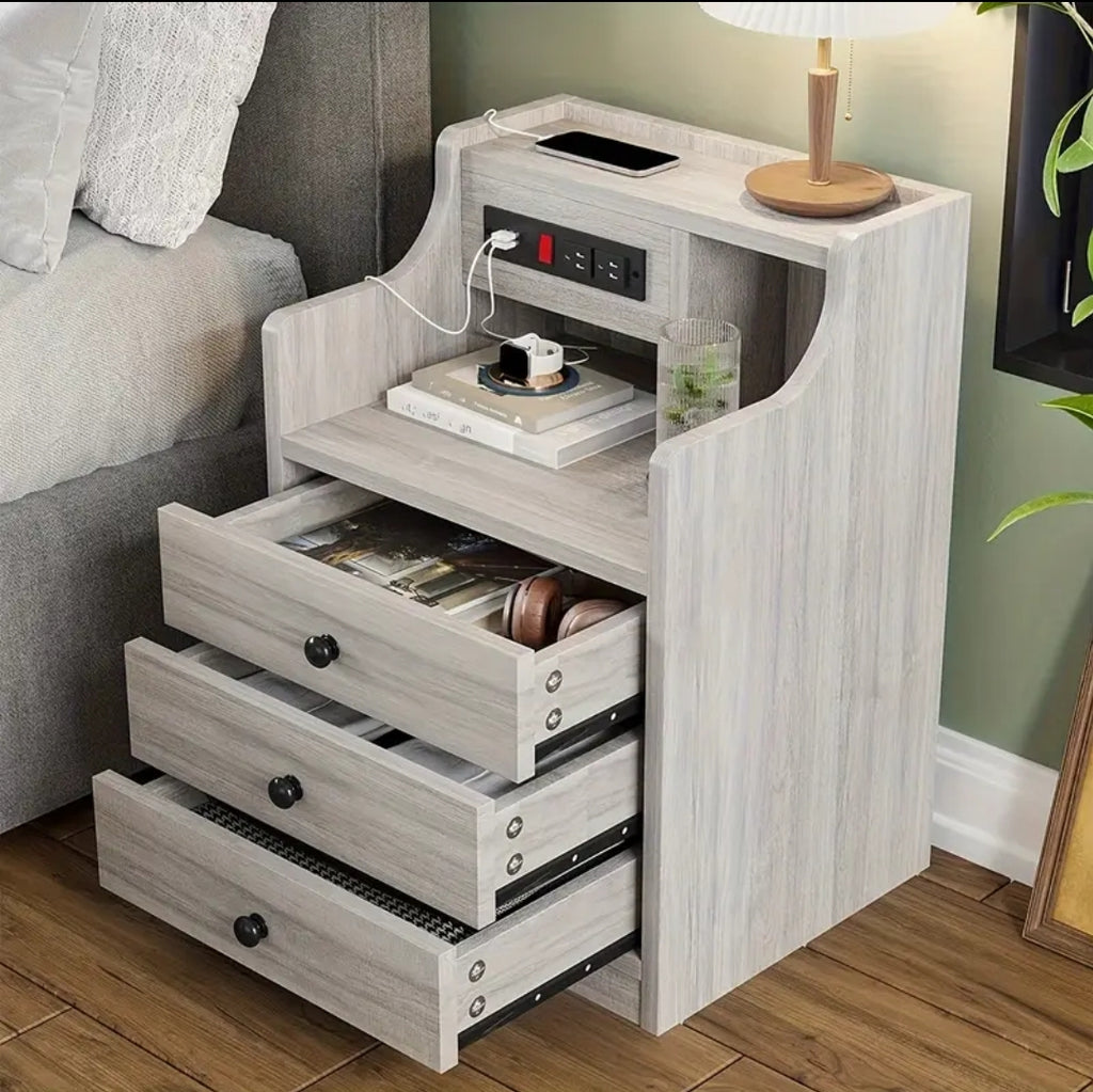 Modern Nightstand with Charging Station - 2 USB Ports & 2 Outlets, 3-Drawer Hutch Design, Wireless Compatible, Gray Wood Finish - Multi-Functional End Table for Bedroom, Living Room, Home Office