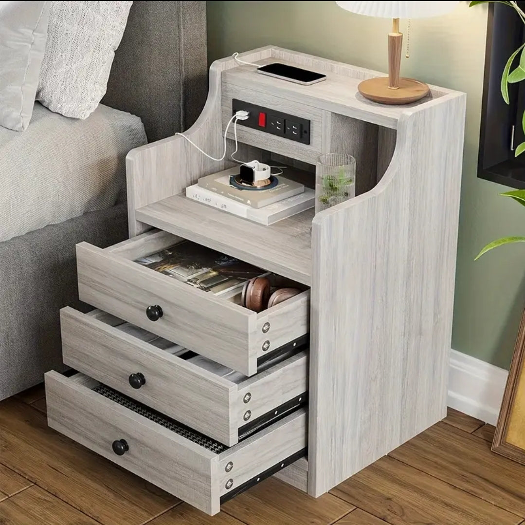 Modern Nightstand with Charging Station - 2 USB Ports & 2 Outlets, 3-Drawer Hutch Design, Wireless Compatible, Gray Wood Finish - Multi-Functional End Table for Bedroom, Living Room, Home Office