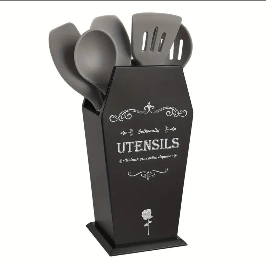 Coffin Utensil Holder, Gothic Kitchen Organizer, Large Wood Stable Utensil Caddy, Mutifunctional Kitchen Decor-Black-12.5X8X5 Inches-Halloween Decor