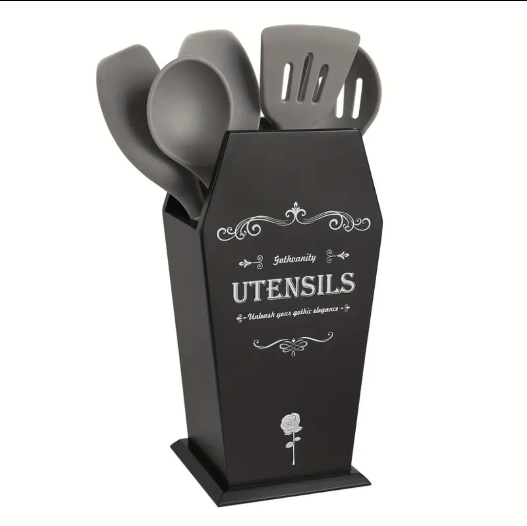 Coffin Utensil Holder, Gothic Kitchen Organizer, Large Wood Stable Utensil Caddy, Mutifunctional Kitchen Decor-Black-12.5X8X5 Inches-Halloween Decor