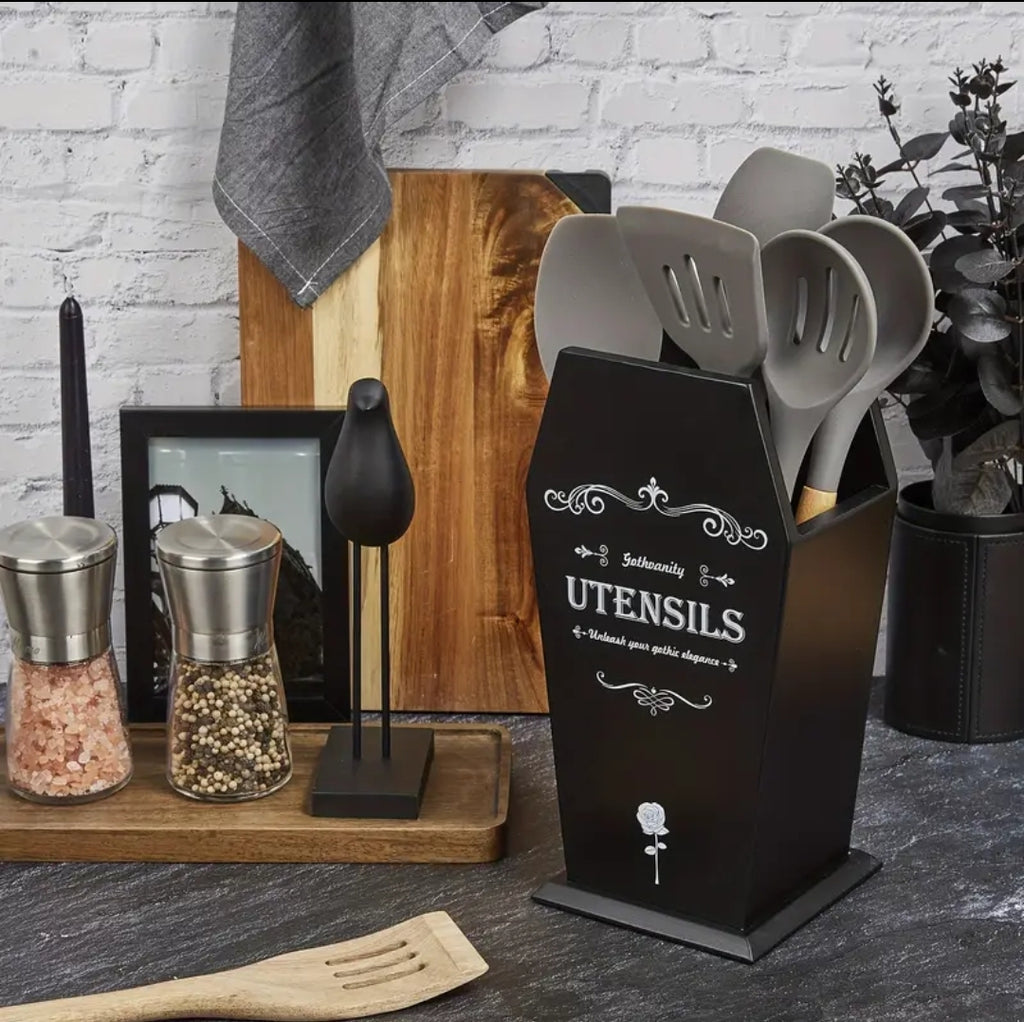 Coffin Utensil Holder, Gothic Kitchen Organizer, Large Wood Stable Utensil Caddy, Mutifunctional Kitchen Decor-Black-12.5X8X5 Inches-Halloween Decor