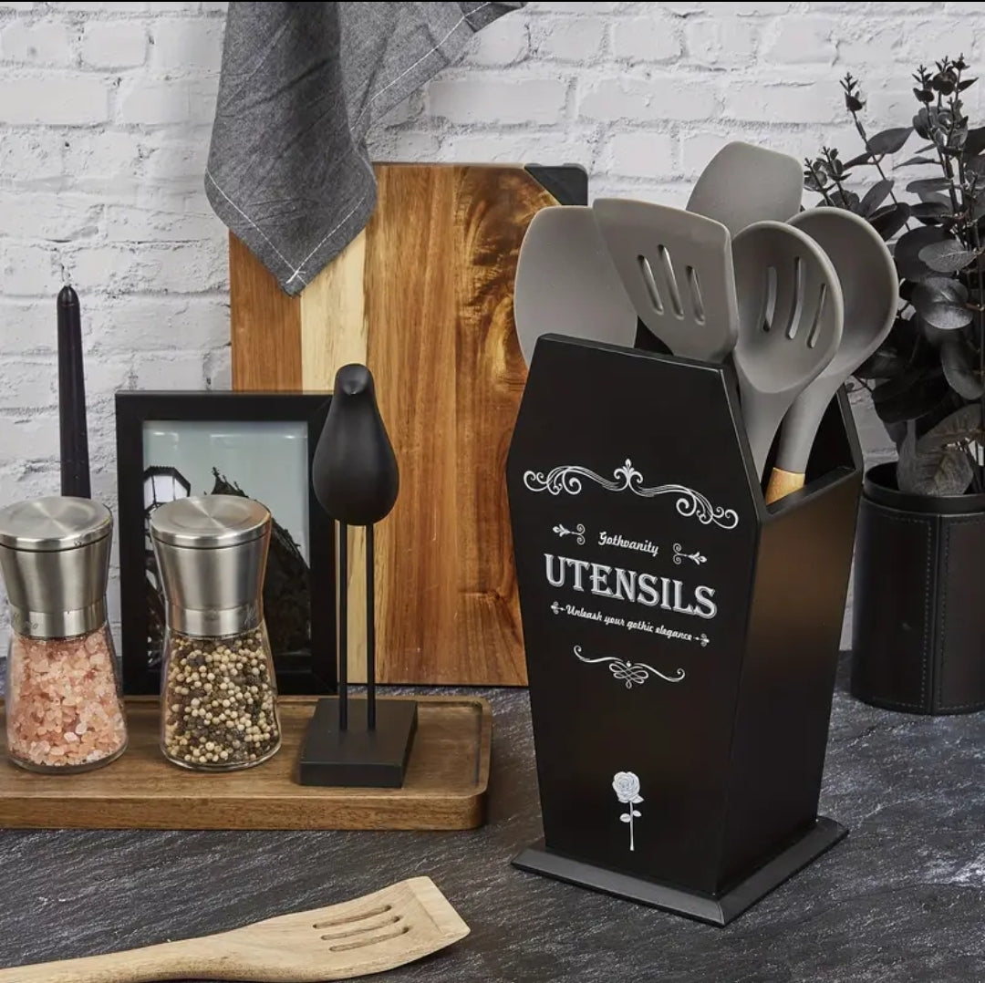 Coffin Utensil Holder, Gothic Kitchen Organizer, Large Wood Stable Utensil Caddy, Mutifunctional Kitchen Decor-Black-12.5X8X5 Inches-Halloween Decor