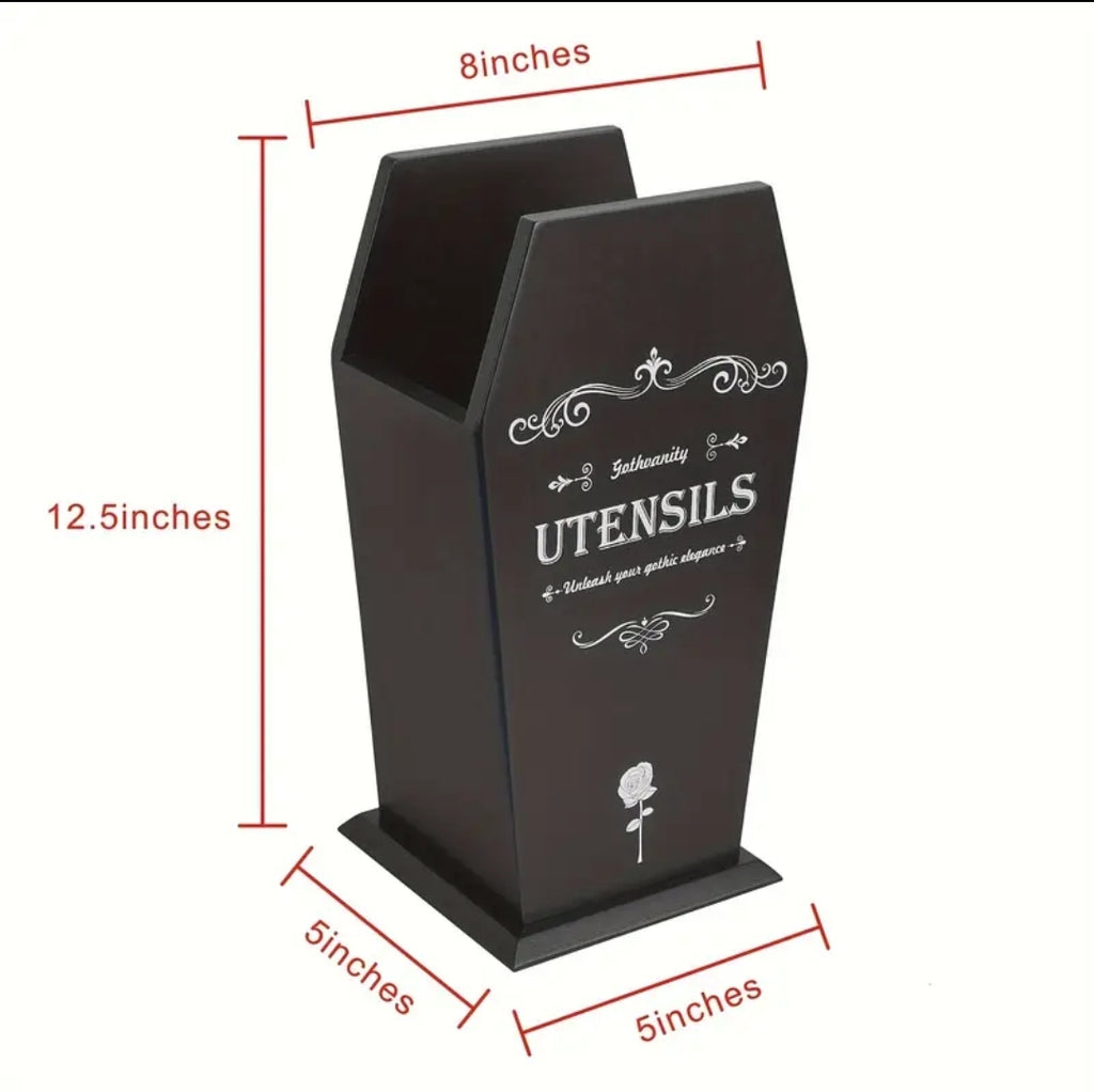 Coffin Utensil Holder, Gothic Kitchen Organizer, Large Wood Stable Utensil Caddy, Mutifunctional Kitchen Decor-Black-12.5X8X5 Inches-Halloween Decor