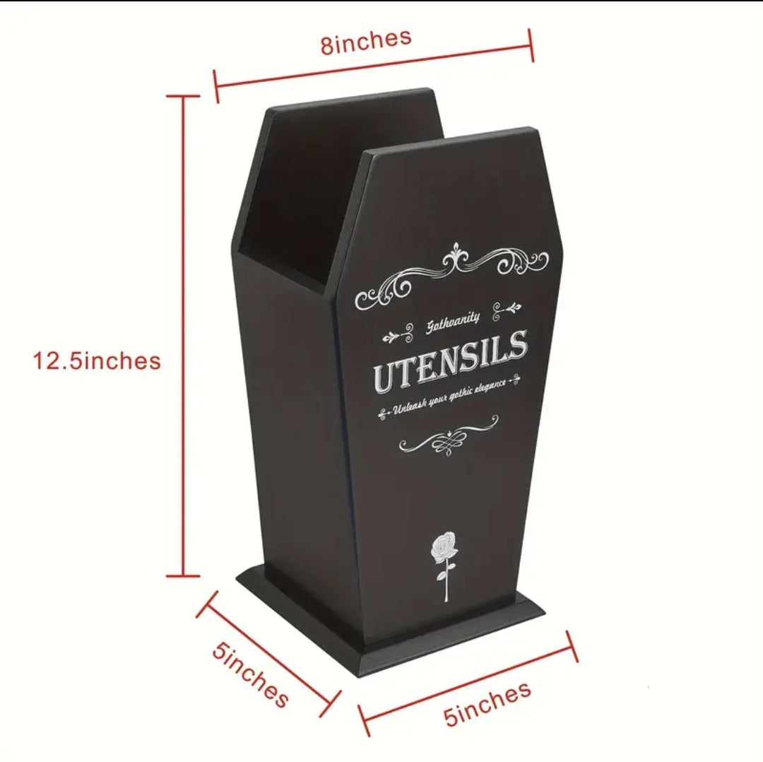 Coffin Utensil Holder, Gothic Kitchen Organizer, Large Wood Stable Utensil Caddy, Mutifunctional Kitchen Decor-Black-12.5X8X5 Inches-Halloween Decor