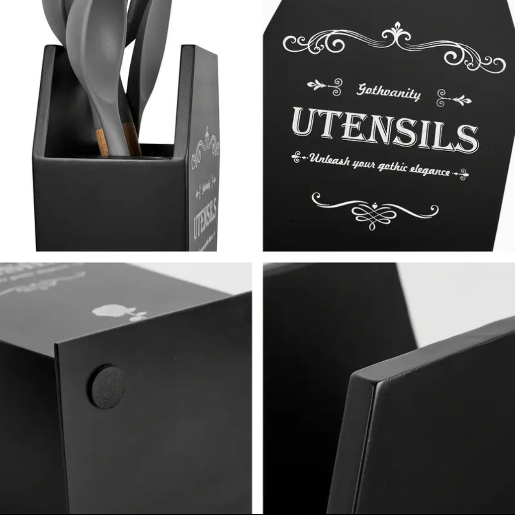 Coffin Utensil Holder, Gothic Kitchen Organizer, Large Wood Stable Utensil Caddy, Mutifunctional Kitchen Decor-Black-12.5X8X5 Inches-Halloween Decor