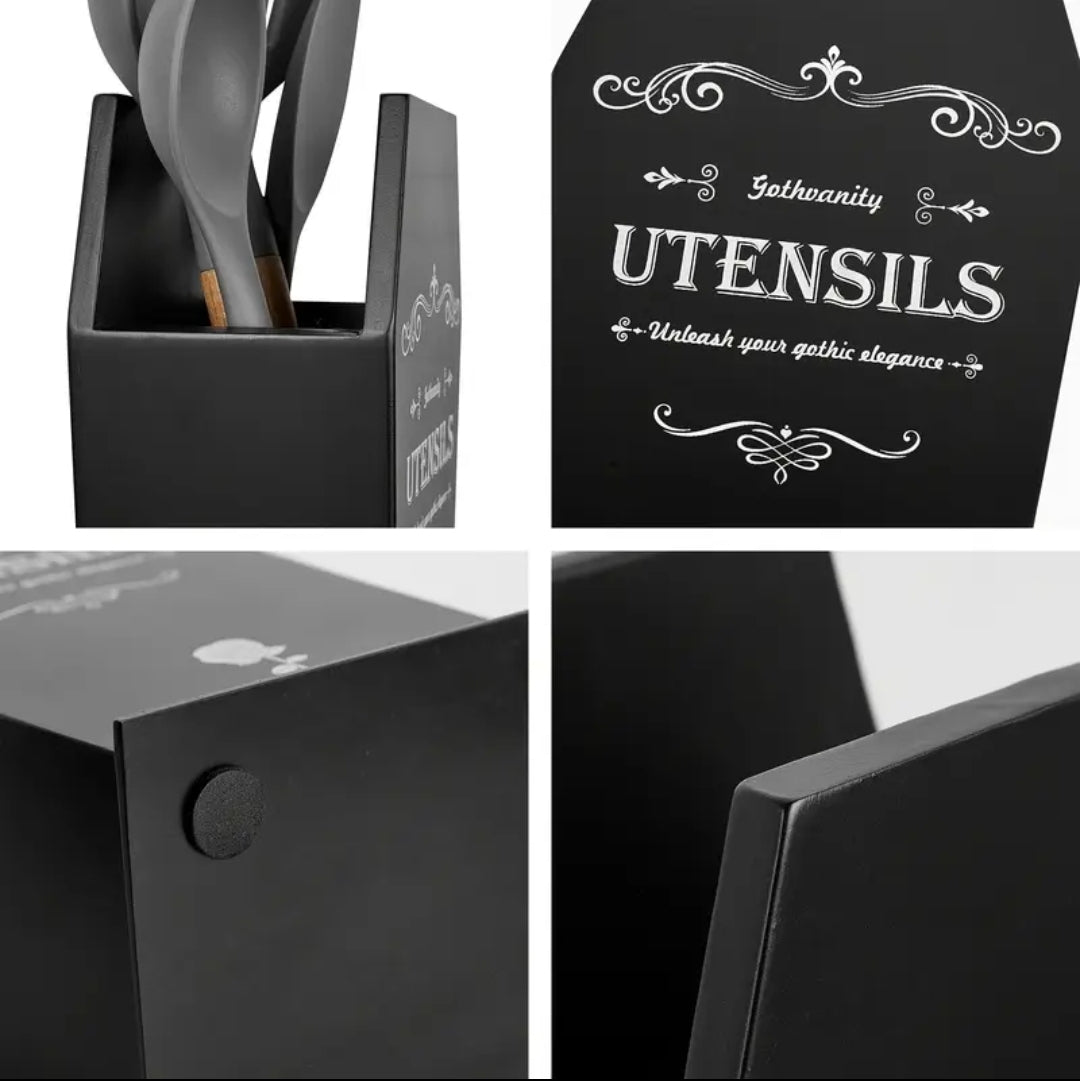 Coffin Utensil Holder, Gothic Kitchen Organizer, Large Wood Stable Utensil Caddy, Mutifunctional Kitchen Decor-Black-12.5X8X5 Inches-Halloween Decor