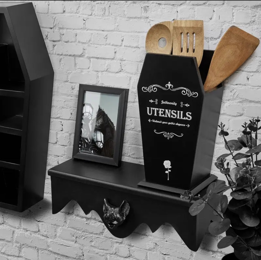 Coffin Utensil Holder, Gothic Kitchen Organizer, Large Wood Stable Utensil Caddy, Mutifunctional Kitchen Decor-Black-12.5X8X5 Inches-Halloween Decor