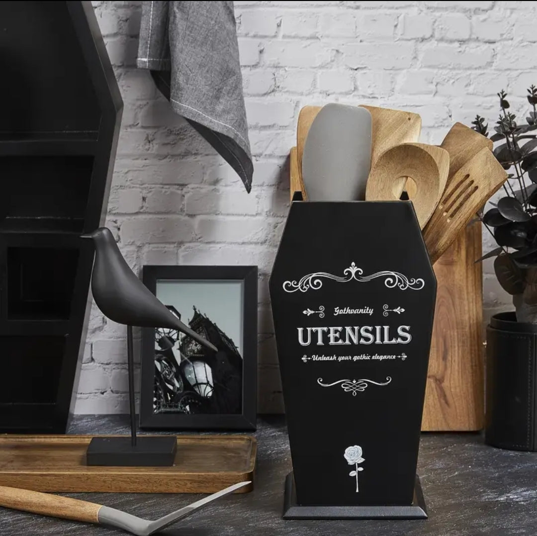 Coffin Utensil Holder, Gothic Kitchen Organizer, Large Wood Stable Utensil Caddy, Mutifunctional Kitchen Decor-Black-12.5X8X5 Inches-Halloween Decor