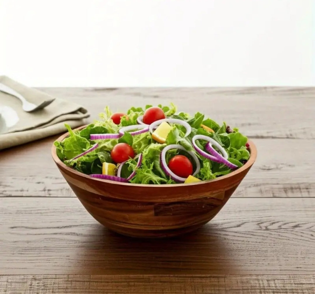11-Inch Acacia Wood-Design Salad Bowl - 1.5 Liter (1500cm³) Plastic Serving Bowl for Kitchen & Dining, Durable Brown Decorative Bowl for Salads, Pasta, Fruits, Large Salad Bowl, Rustic Kitchenware, Natural Grain Finish
