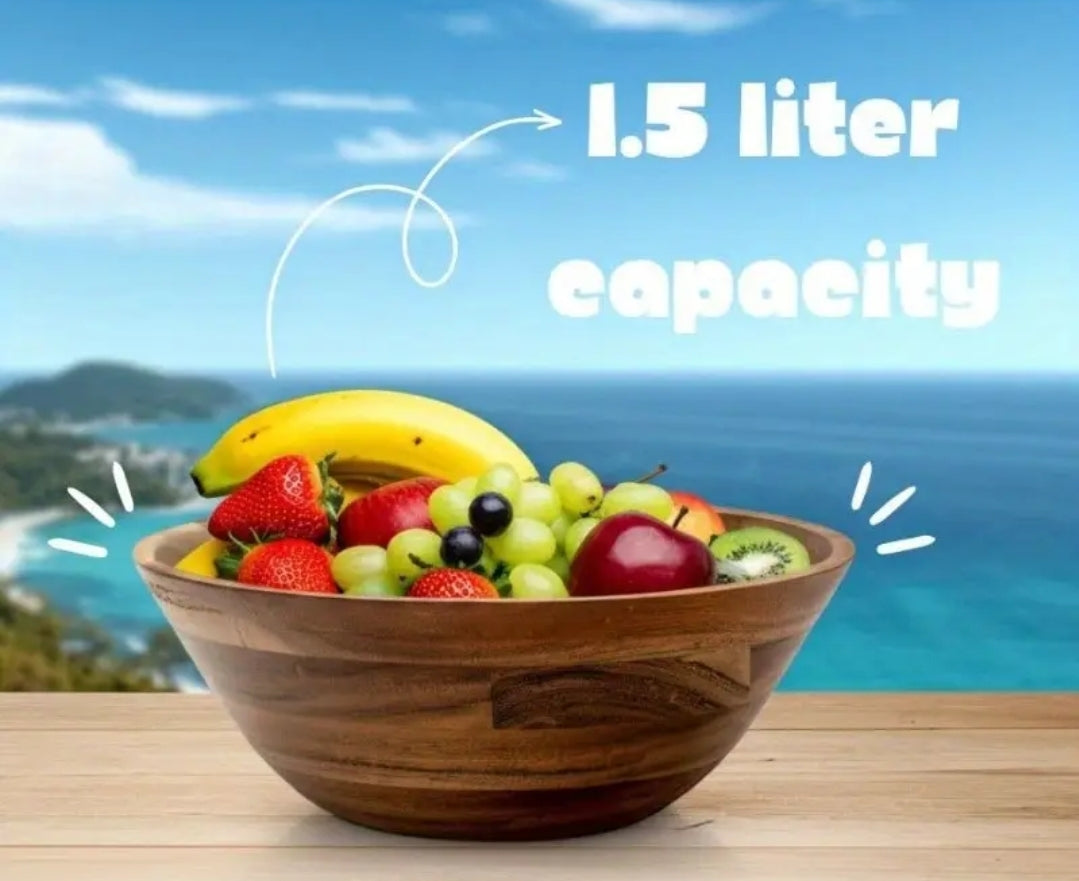 11-Inch Acacia Wood-Design Salad Bowl - 1.5 Liter (1500cm³) Plastic Serving Bowl for Kitchen & Dining, Durable Brown Decorative Bowl for Salads, Pasta, Fruits, Large Salad Bowl, Rustic Kitchenware, Natural Grain Finish