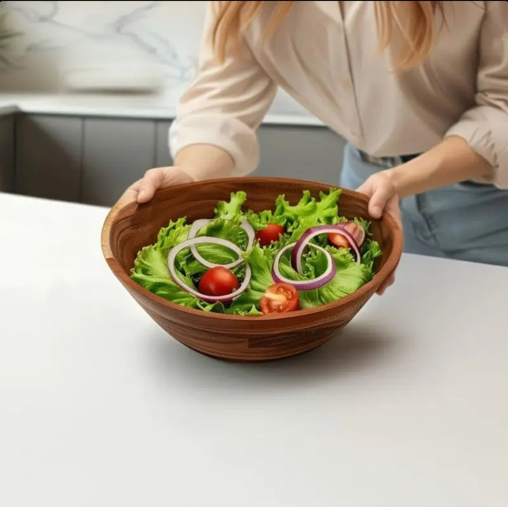 11-Inch Acacia Wood-Design Salad Bowl - 1.5 Liter (1500cm³) Plastic Serving Bowl for Kitchen & Dining, Durable Brown Decorative Bowl for Salads, Pasta, Fruits, Large Salad Bowl, Rustic Kitchenware, Natural Grain Finish