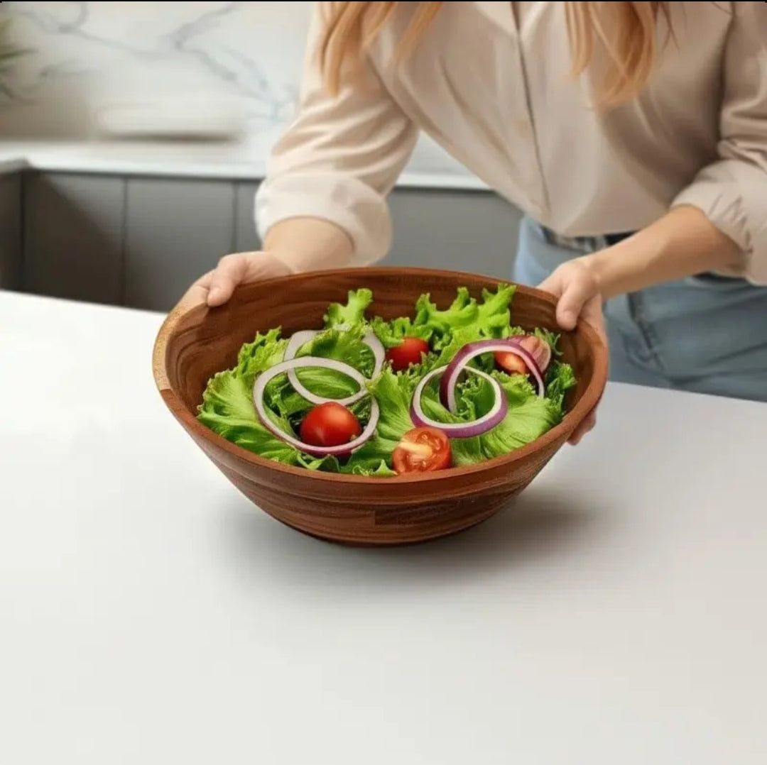 11-Inch Acacia Wood-Design Salad Bowl - 1.5 Liter (1500cm³) Plastic Serving Bowl for Kitchen & Dining, Durable Brown Decorative Bowl for Salads, Pasta, Fruits, Large Salad Bowl, Rustic Kitchenware, Natural Grain Finish