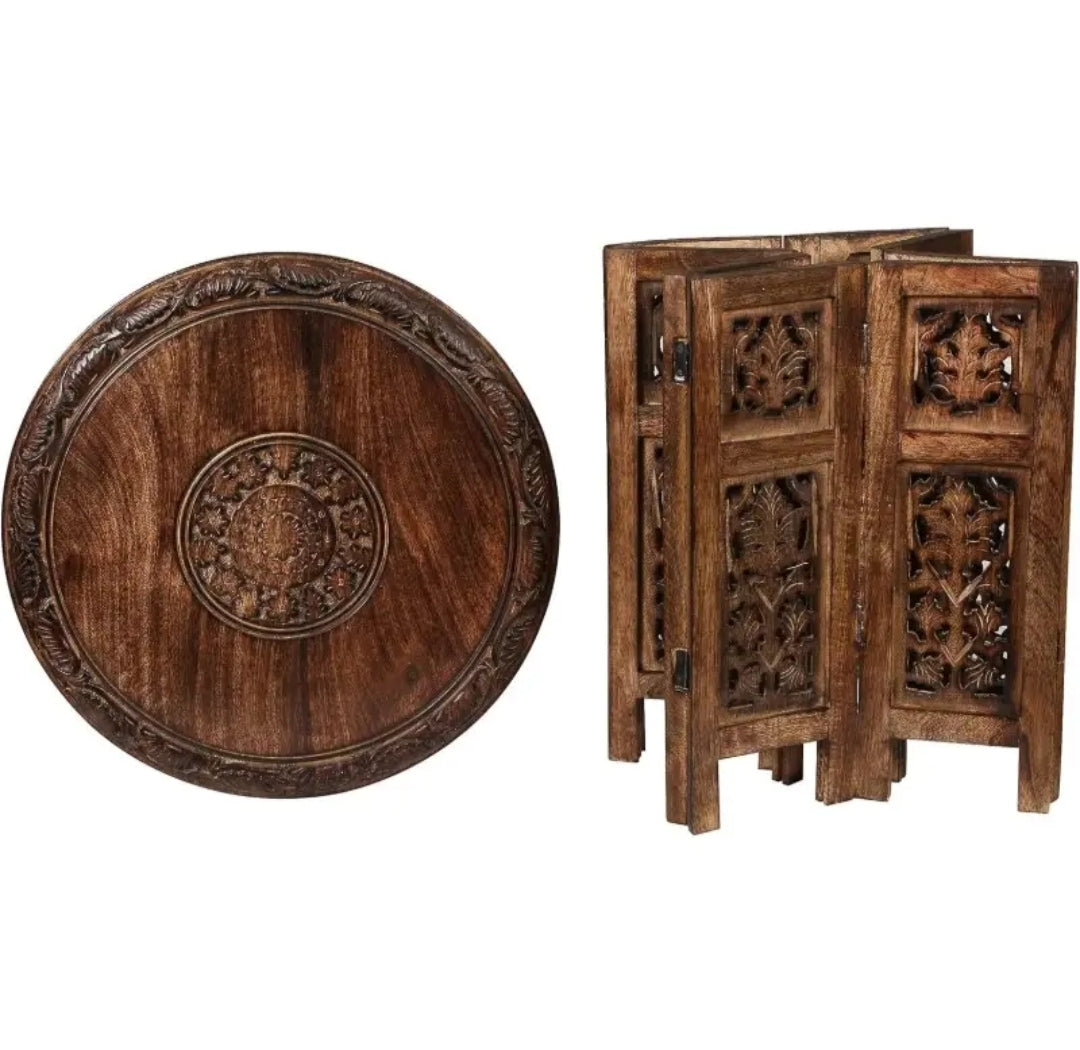 Goroly Home Wooden Coffee Table Octagonal Hand Carved Traditional Accent Side Table Small Spaces Entryway Farmhouse Living Room Bedside Round End Table 18 Inch Round Antique Burnt