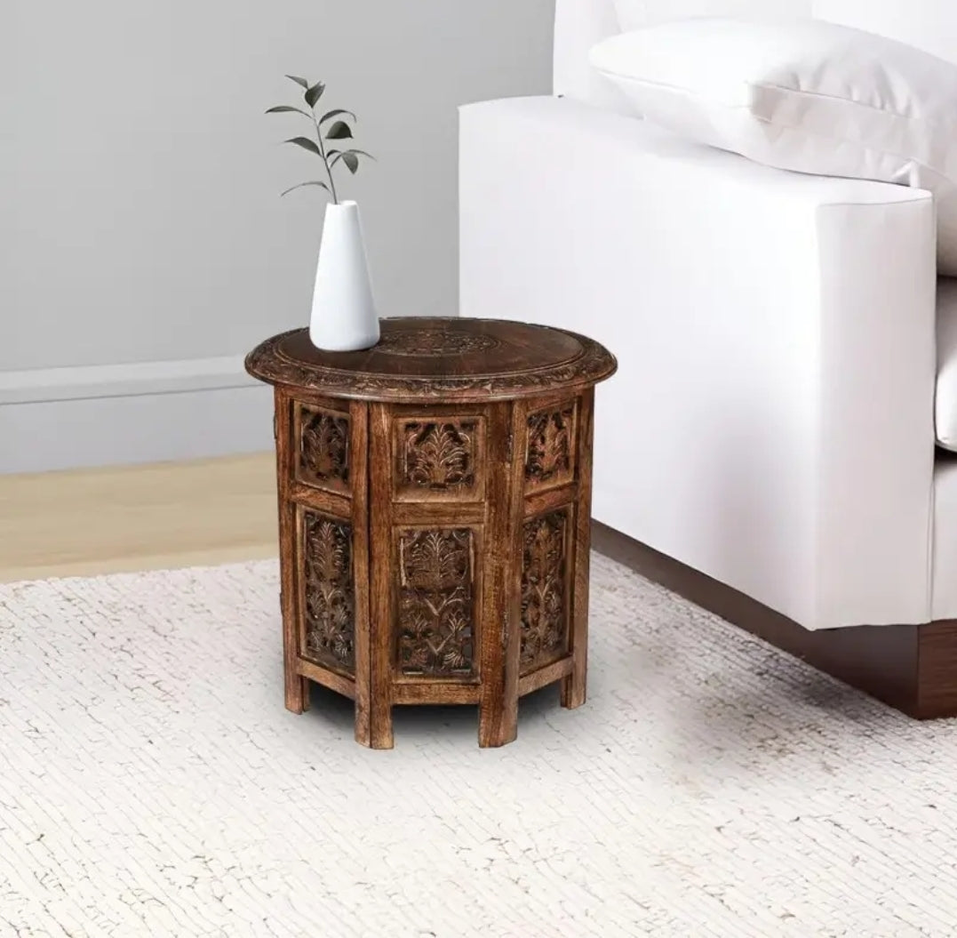 Goroly Home Wooden Coffee Table Octagonal Hand Carved Traditional Accent Side Table Small Spaces Entryway Farmhouse Living Room Bedside Round End Table 18 Inch Round Antique Burnt