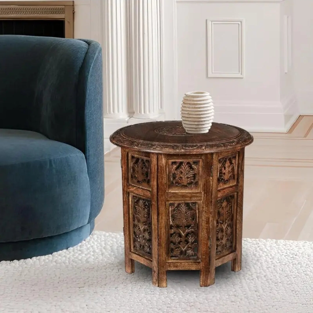 Goroly Home Wooden Coffee Table Octagonal Hand Carved Traditional Accent Side Table Small Spaces Entryway Farmhouse Living Room Bedside Round End Table 18 Inch Round Antique Burnt