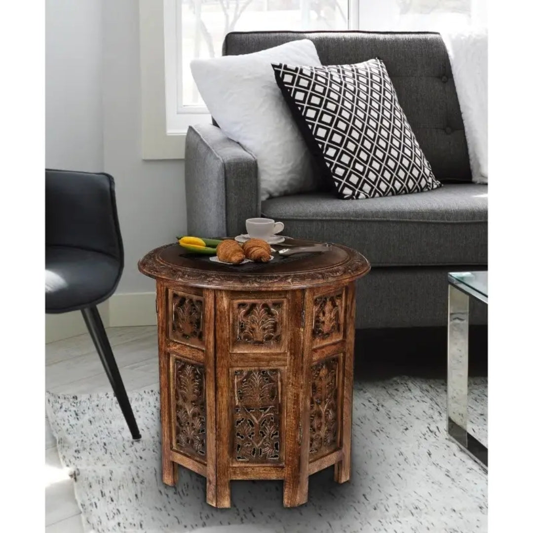 Goroly Home Wooden Coffee Table Octagonal Hand Carved Traditional Accent Side Table Small Spaces Entryway Farmhouse Living Room Bedside Round End Table 18 Inch Round Antique Burnt