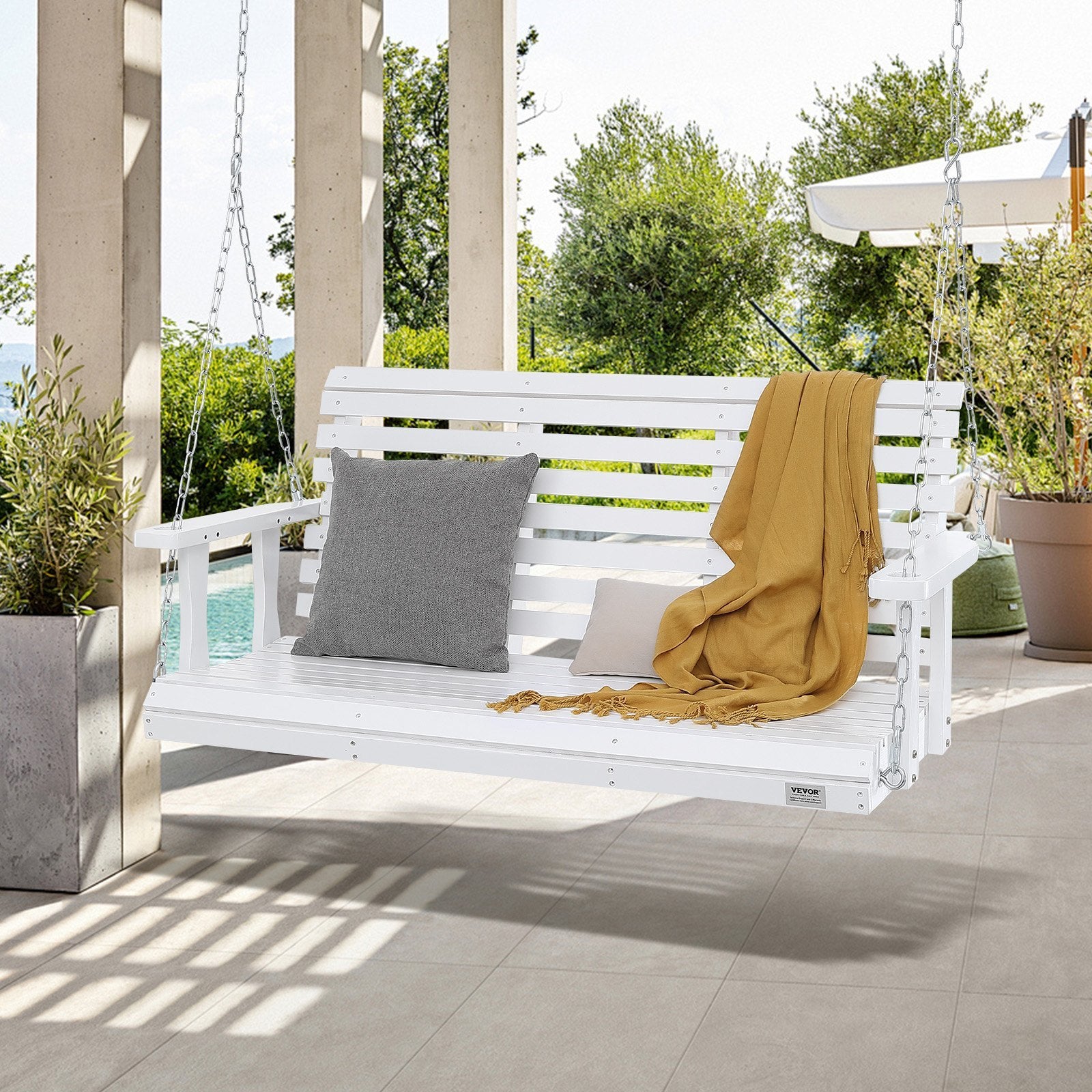 VEVOR Wooden Porch Swing 4.5 Ft, Patio Bench Swing For Courtyard & Garden, Upgraded 880 Lbs Strong Load Capacity, Heavy Duty Swing Chair Bench With Hanging  For Outdoors, White