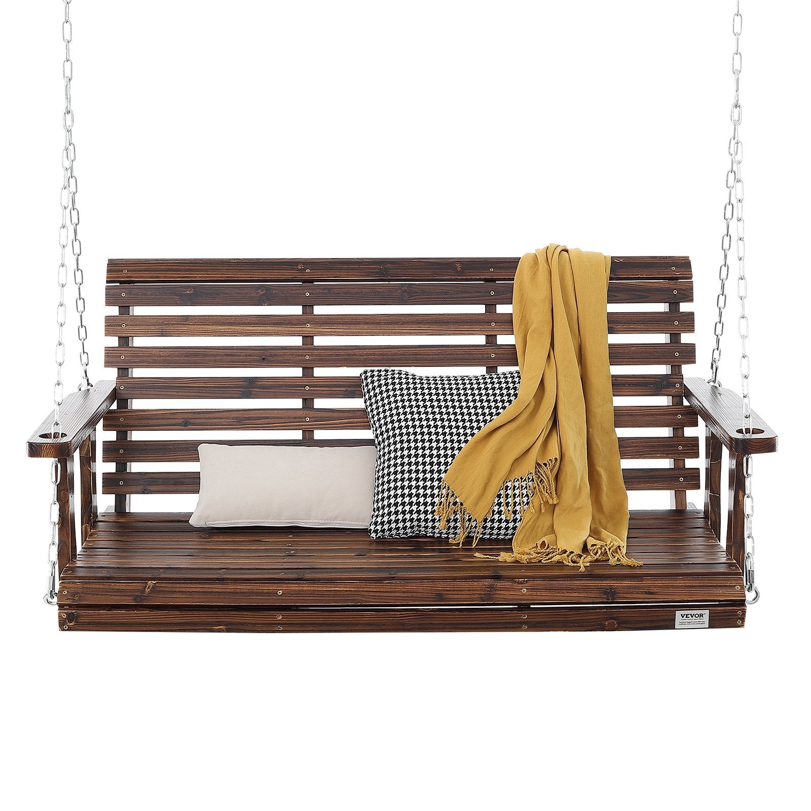 VEVOR Wooden Porch Swing 4.5 Ft, Patio Bench Swing For Courtyard & Garden, Upgraded 880 Lbs Strong Load Capacity, Heavy Duty Swing Chair Bench With Hanging Chains For Outdoors, Carbonized Brown