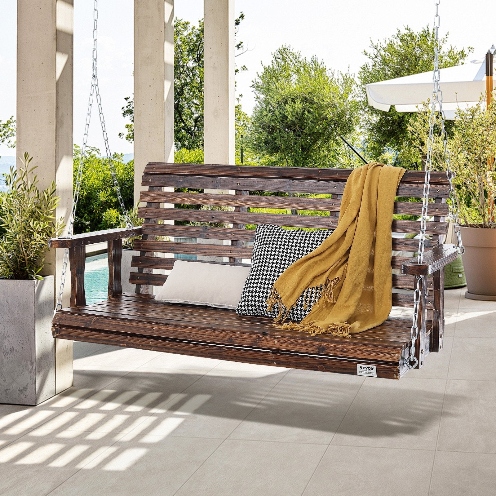VEVOR Wooden Porch Swing 4.5 Ft, Patio Bench Swing For Courtyard & Garden, Upgraded 880 Lbs Strong Load Capacity, Heavy Duty Swing Chair Bench With Hanging Chains For Outdoors, Carbonized Brown